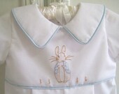 Ready To Ship, Peter Rabbit Baby Romper size 6 to 12 mo, Shadow Hand Embroidery, Vintage Inspired, Baptism.
