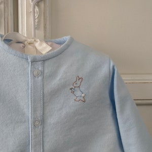 May include: A light blue baby onesie with a white button fastening and an embroidered brown bunny holding a carrot.