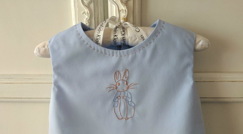 Size 6 to 12 mo Sweet and Simple Blue Peter Rabbit Baby Bubble Hand Embroidered Summer Baby Romper