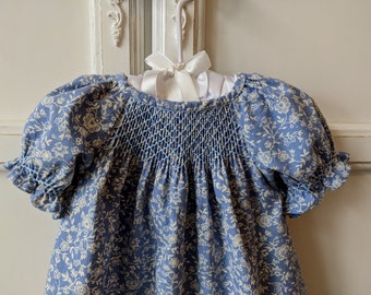 Cornflower blue calico, smocked baby dress and diaper cover size 3 to 6 mo. cool summer baby outfit