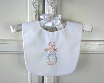 Beatrix Potter Baby Bib, Peter Rabbit, Teething/Drool Bib, Hand Shadow Embroidery, Baby Shower or New Mom Gift