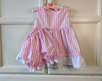 Baby Dress and Bloomers size 9 to 12 mo. Pink Candy Striped with White Eyelet Ruffling at Hem. Simple Summer Dress and Diaper Cover