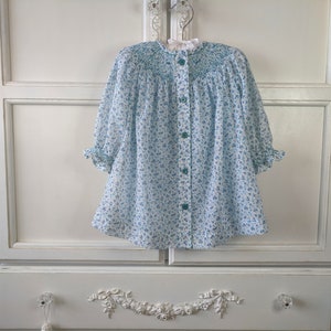 Blue Print Smocked Bishop Dress and Slip size 6 to 12 mo. Button Front Dress With Long Smocked Sleeves, Hand Smocked and Embroidered.