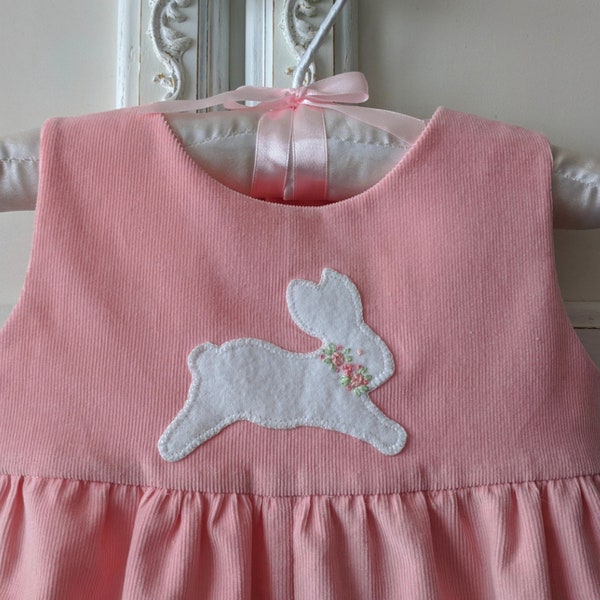 Rose Pink Baby Corduroy Jumpsuit, Size 3 to 6 mo. Sleeveless Romper With Hand Embroidery and Applique Bunny
