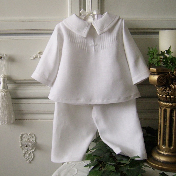 Joshua, White Linen Boys Baptism Set, Tiny Tucks, Hand Embroidery, Long/Short Pants, Long/Short Sleeves. For Custom Orders NB - 2T.