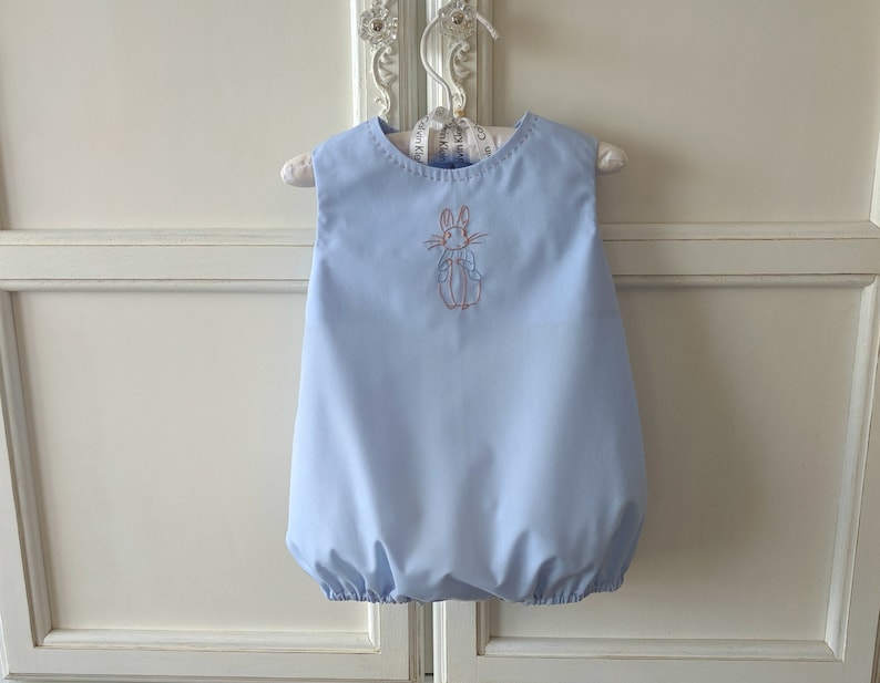 Size 6 to 12 mo Sweet and Simple Blue Peter Rabbit Baby Bubble Hand Embroidered Summer Baby Romper