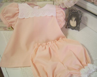 Peach Baby Easter Dress and Bloomers size 3 to 6 mo. Simple Summer Baby Set with White Eyelet Trim