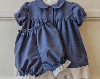 Blue Chambray Baby Dress With White Eyelet Ruffle and Diaper Cover size 6 - 12 mo. Southwest, Contry Style
