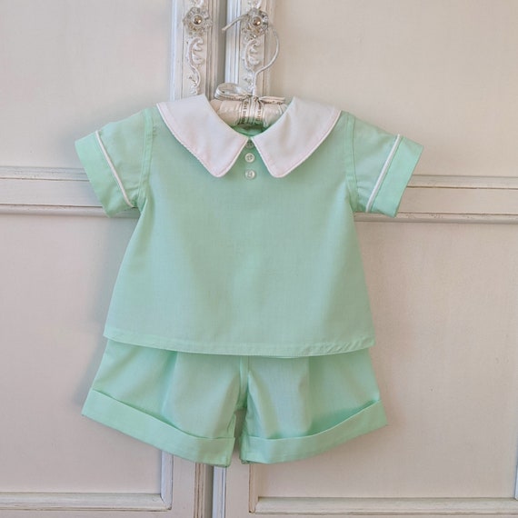 Easter Mint Green Boys Shirt and Cuffed Shorts size 3 to 6 mo. Vintage Inspired, Classic Styling