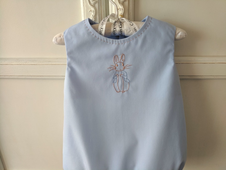 Size 6 to 12 mo Sweet and Simple Blue Peter Rabbit Baby Bubble Hand Embroidered Summer Baby Romper