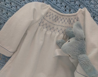 White Flannelette Sleepsac, Hand Smocked in Blue, size 3 to 6 mo., long sleeves, long gown, zips across bottom