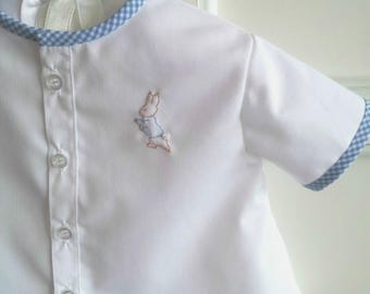Peter Rabbit Diaper Set, White Shirt, Blue Gingham Shorts, Shadow Embroidery (3-6 Months)
