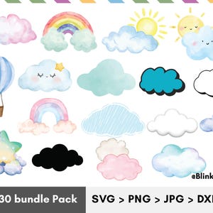 Clouds svg bundle, Cute clouds png bundle, watercolor clouds svg bundle, cute clouds dxf, printable clouds Png cut File Cricut Silhouette