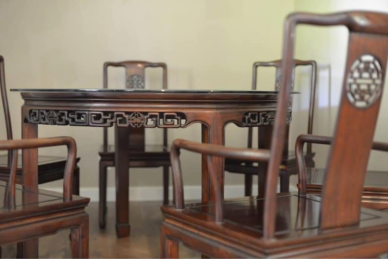 Vintage Chinese Rosewood Dining Set Table 8 Chairs console Table vintage-chinese-rosewood-dining-set-table-8-chairs-console-table
