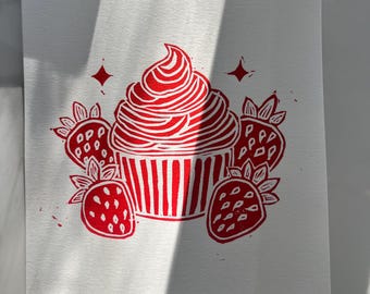 Strawberry Cupcake Block Print Linocut 4x6” Wall Art Cute Gift Food Sweets Decor Bakery Kitchen Fruit Cakes Food
