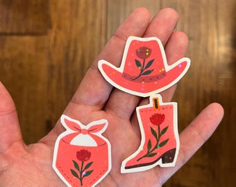 3 Pack Sticker Bundle Pink Western Cowgirl Rose Glitter Sparkle Stickers Cowboy Boots, Hat, and Handkerchief Bandana