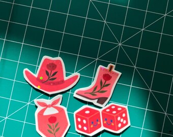 Mini Sticker 4 pack Western Cute Lucky Dice Pink Cowboy Hat, Boots, Bandana Rose Floral