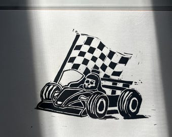 Race Car Checkered Retro Wall Art Block Print Linocut Speedy Skull Vintage Sports Motocross