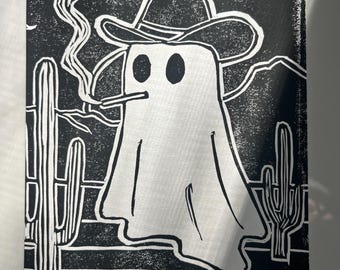 Halloween Western Cowboy Ghost Art Print 5x7 Lino Blockprint Handmade Gift