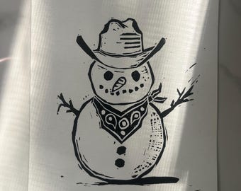 Snowman Cowboy Hat Western Blockprint Linocut Christmas 5x7 Wall Art Winter