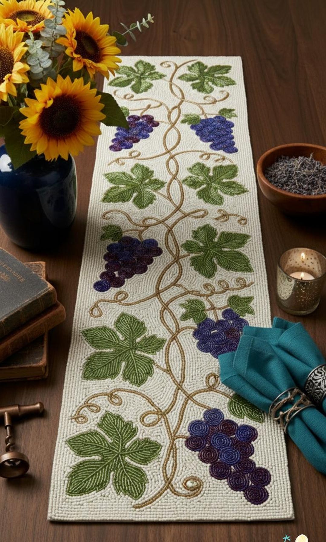 Handmade Beaded Table Runner – Floral Grapevine Design, 13x36 - Etsy