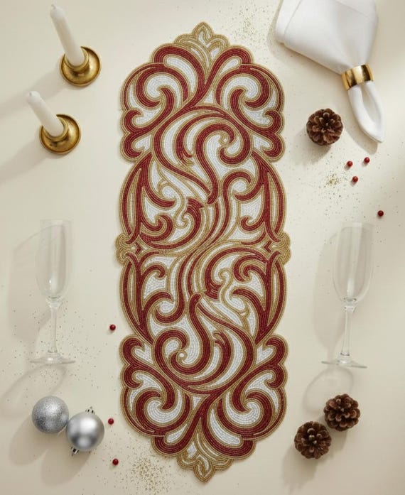 Handmade Embroidered Table Runner | Luxury Scroll Table Decor - Etsy