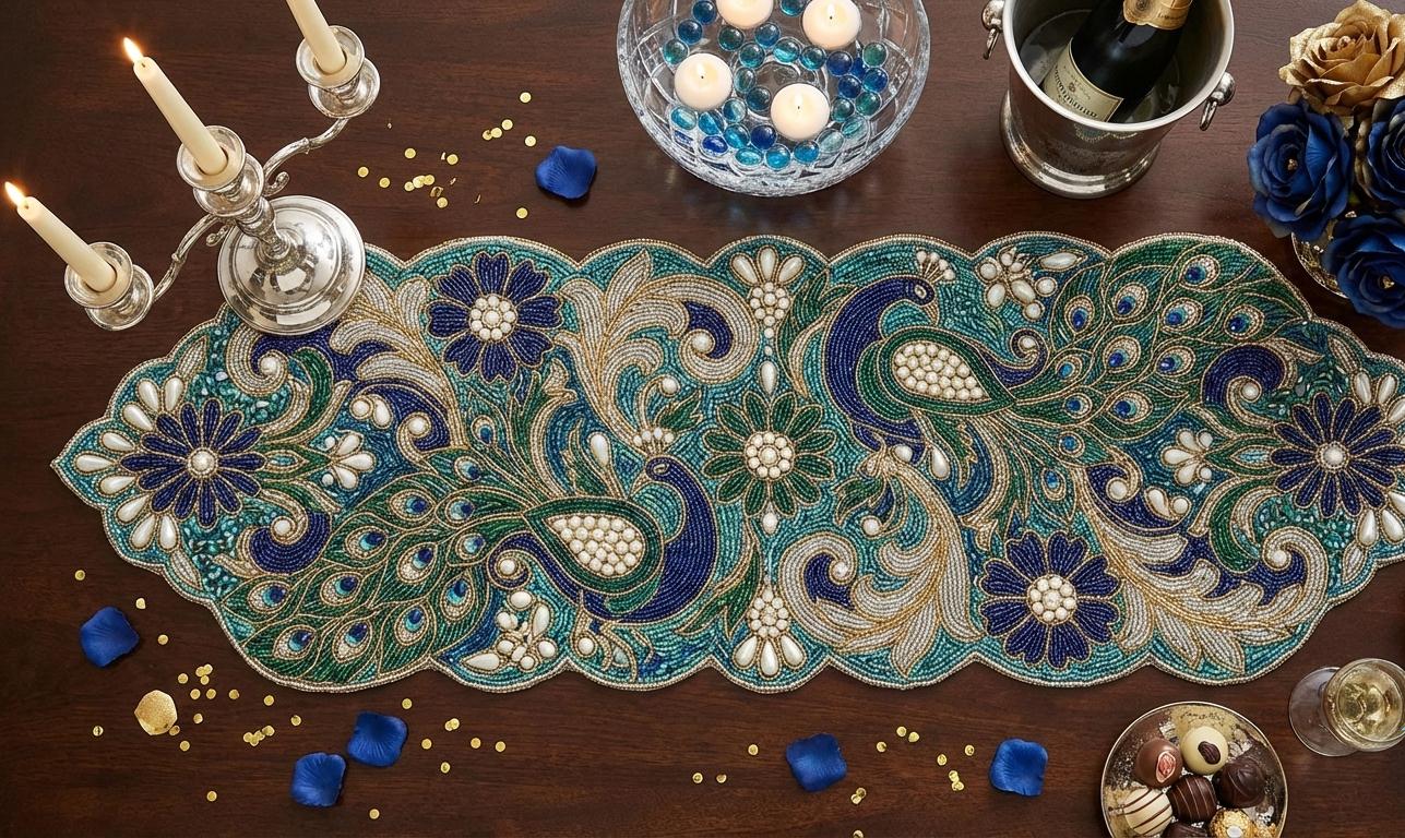 Handmade Beaded Peacock Table Runner 13x36 Inch | Luxury Blue Green ...