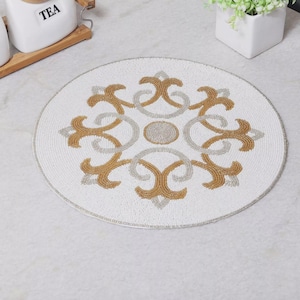 Beaded Placemat Set of 2  Round Placemats gift for her Dining Table Beaded Placemats Christmas Beaded Placemats golden and white 14 Inch