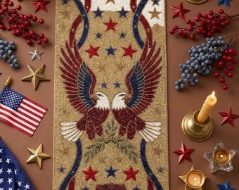 Patriotic beaded runner, 4th of July table decor, Independence Day beaded charger, stars and stripes table mat, gift for her