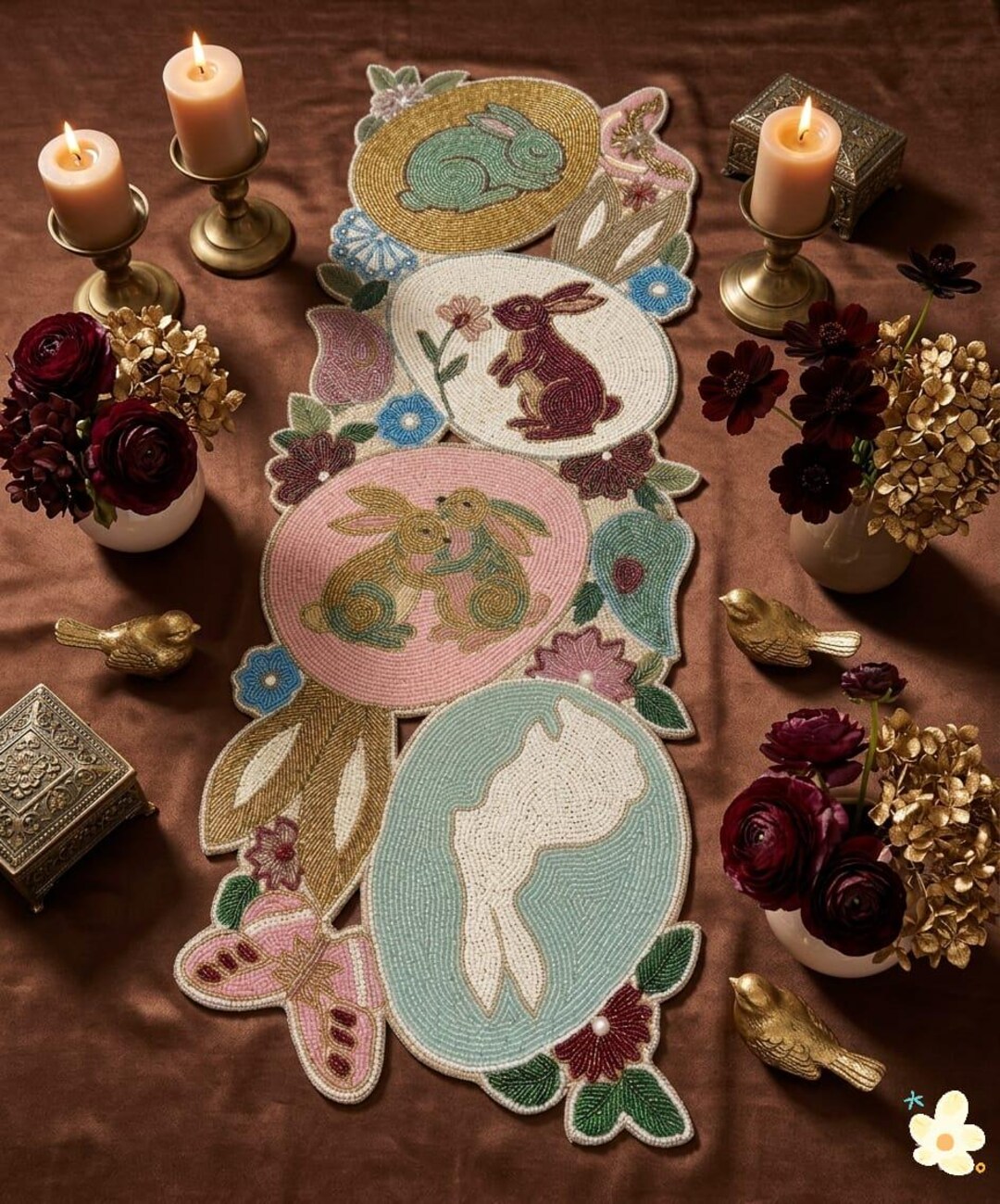 Runner Rabbit Breaed Hand-beaded Rabbit Designed Table Runner, Multicolored, Gift for Her ...