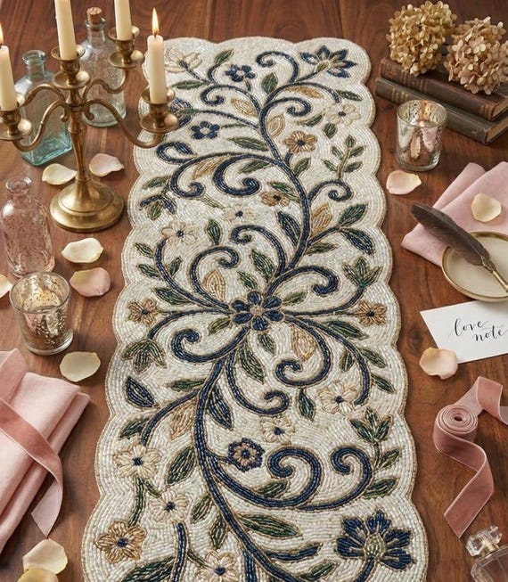Handmade Beaded Table Runner, Floral Vine Design, 13x36 Inch - Etsy