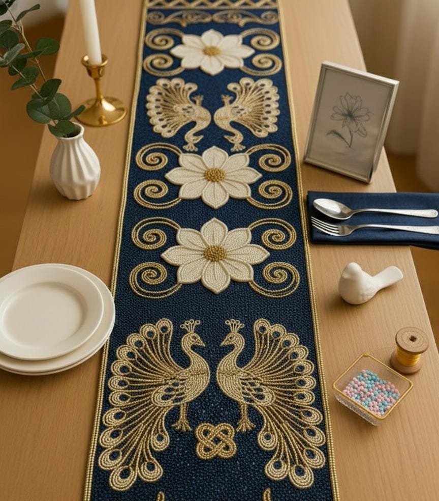 Handmade Beaded Peacock Table Runner | Navy Blue & Gold, 13x36
