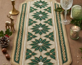 Handmade Beaded Floral Table Runner, Green Gold Decor (13x36 Inch)