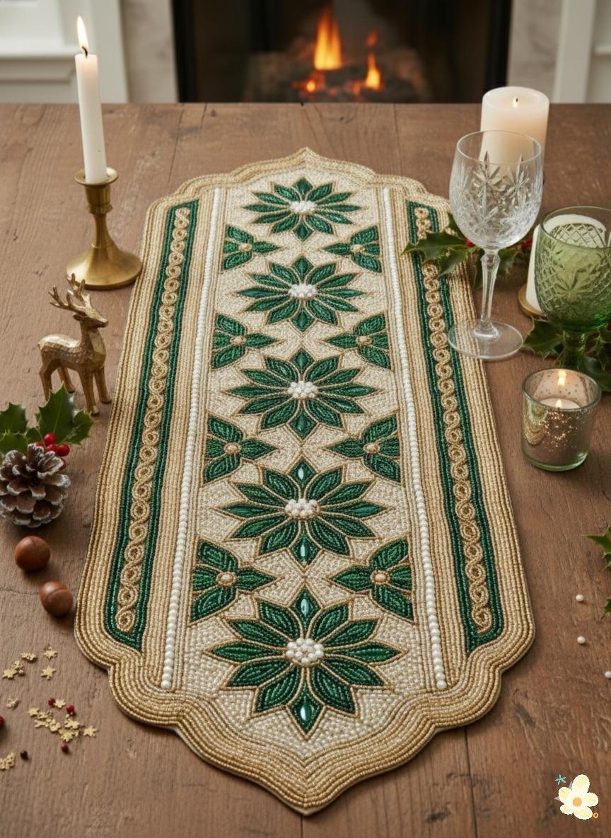 Handmade Beaded Floral Table Runner, Green Gold Decor (13x36 Inch