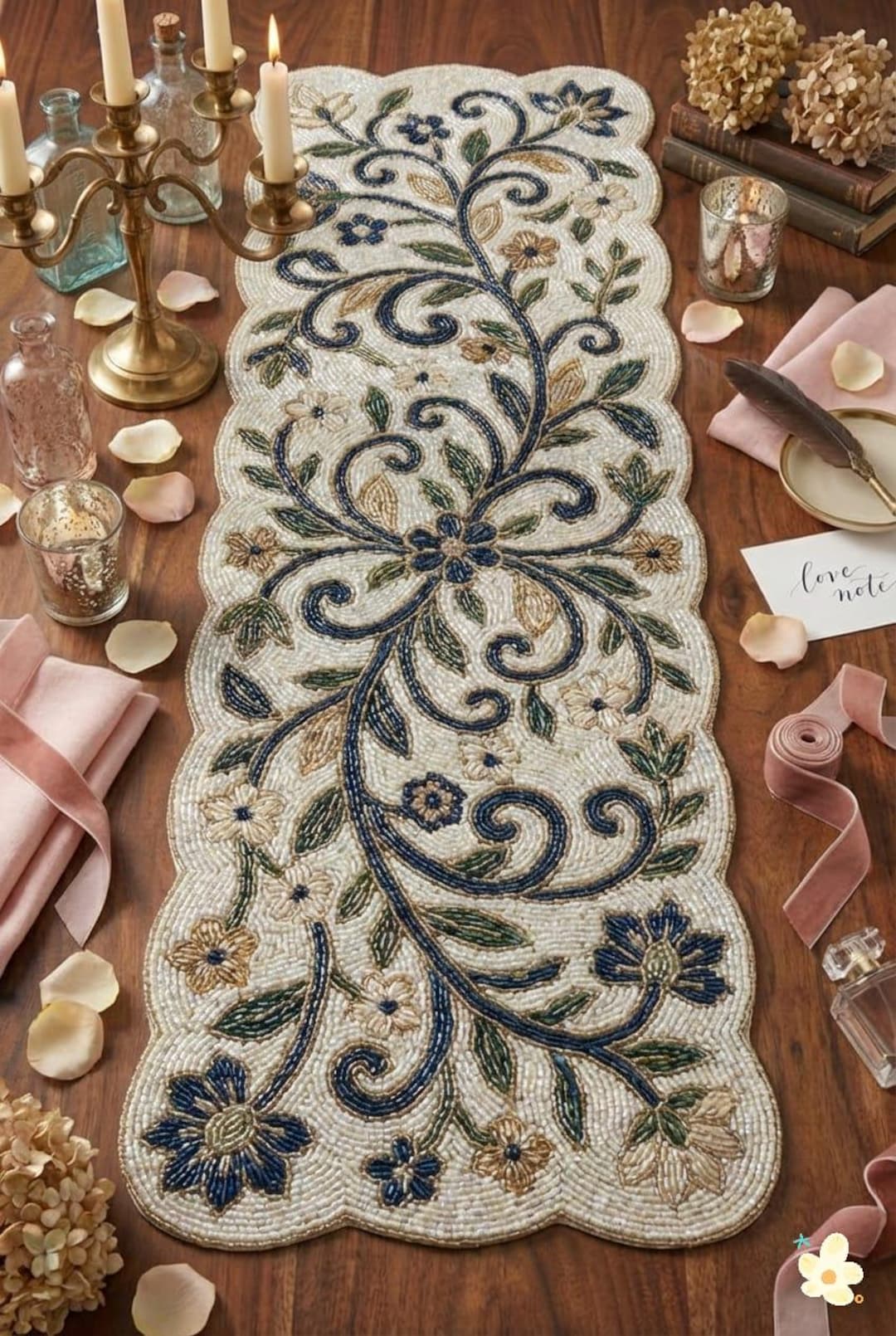 Handmade Beaded Table Runner, Floral Vine Design, 13x36 Inch - Etsy