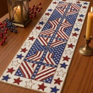 Camino de mesa con cuentas, decoración patriótica hecha a mano de EE. UU., camino de mesa con estrellas, 33 x 91 cm, rojo, blanco y azul, decoración americana para el hogar, regalo para las fiestas.