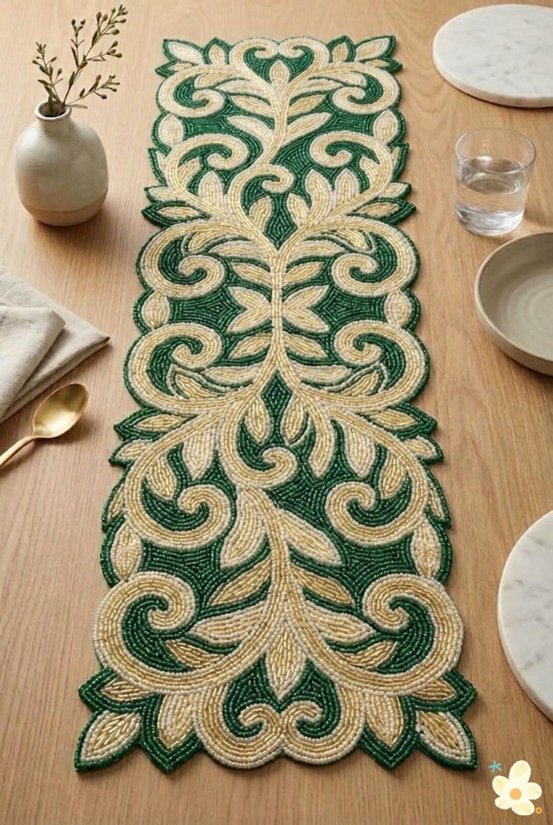 Handmade Beaded Floral Table Runner | Green & Gold, Wedding Centerpiece ...