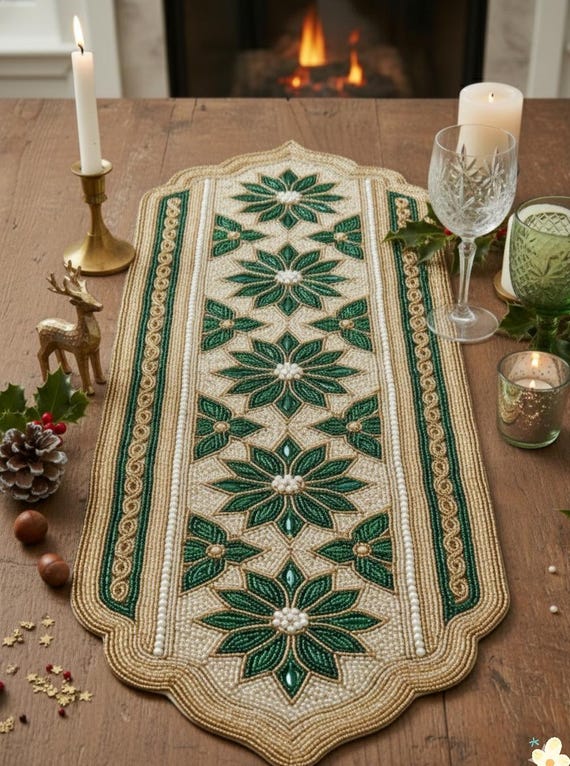 Handmade Beaded Floral Table Runner, Green Gold Decor (13x36 Inch