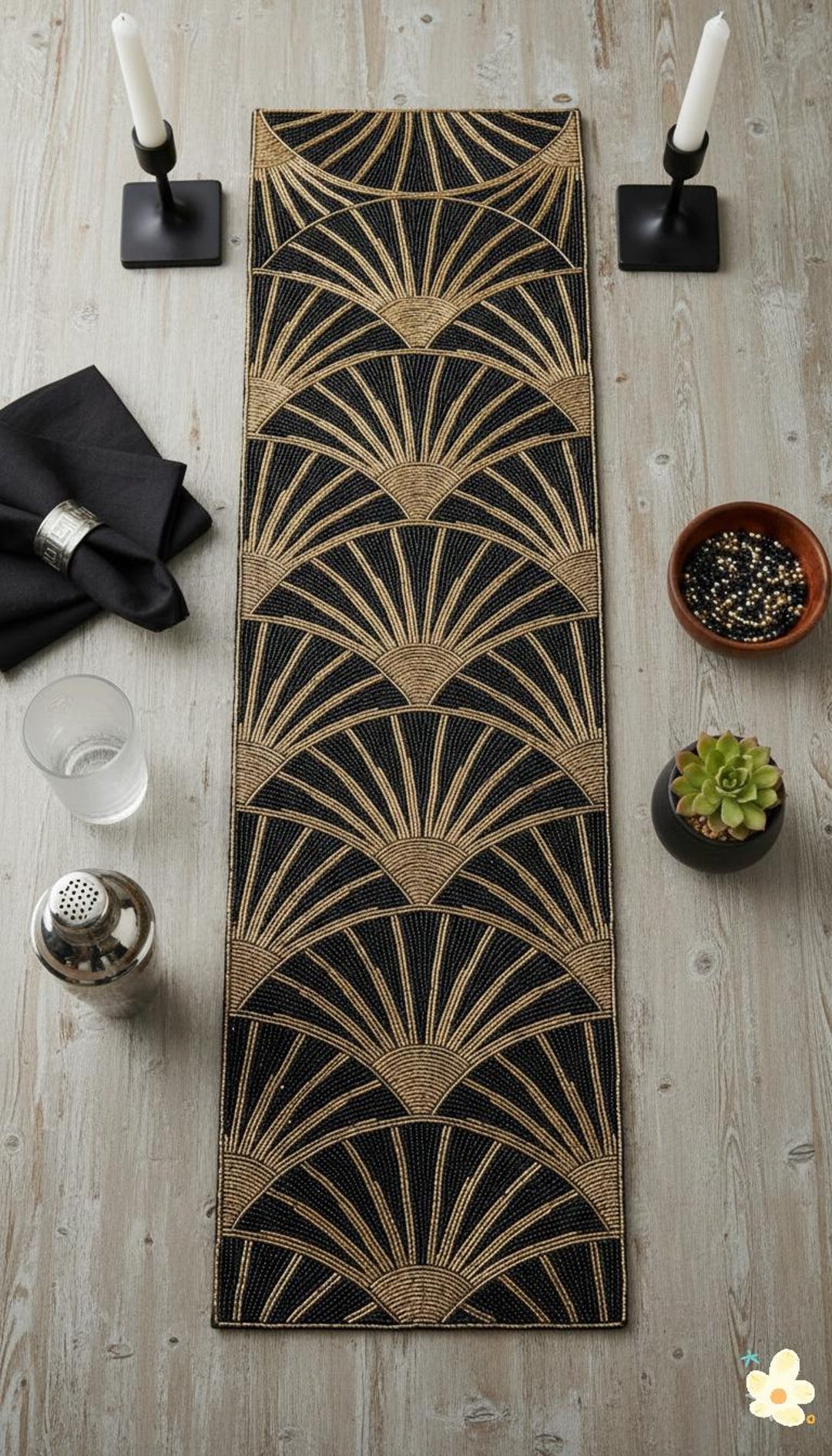 Handmade Beaded Table Runner, Black and Gold Fan Design, 13x36 Inch - Etsy
