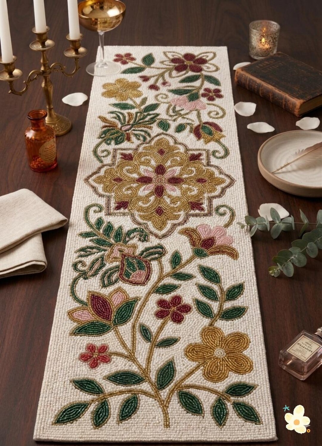 Handmade Beaded Floral Table Runner 13x36 Inch, Luxury Gold Floral ...