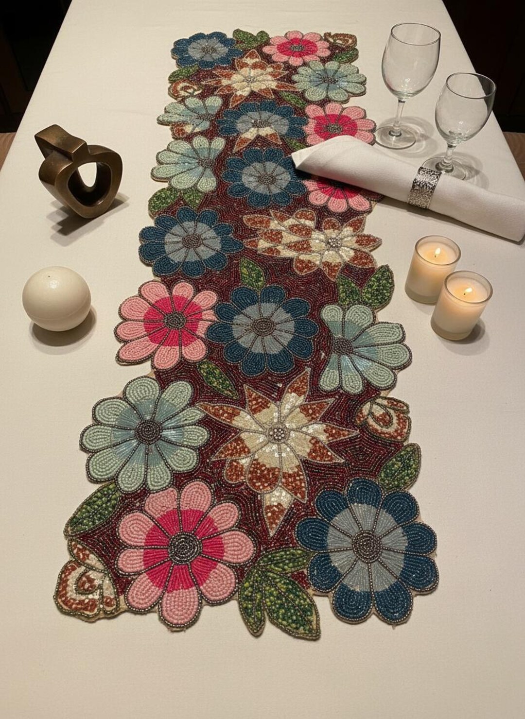 Handmade Beaded Floral Table Runner, Colorful Flower Decor (13x36 Inch ...