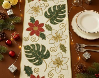Handmade Beaded Christmas Table Runner | Floral Holiday Decor