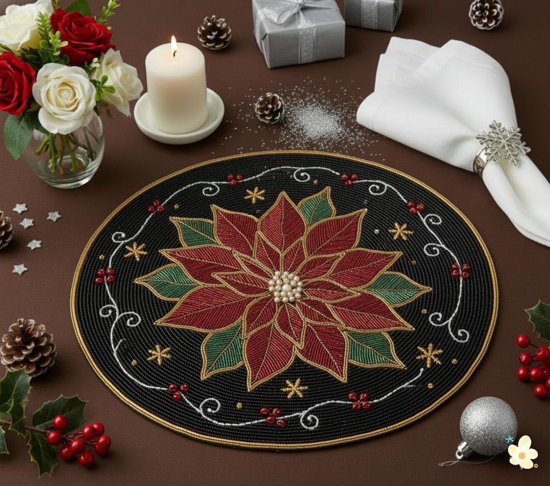 Beaded Poinsettia Placemat Set • Handmade Christmas Table Decor - Etsy