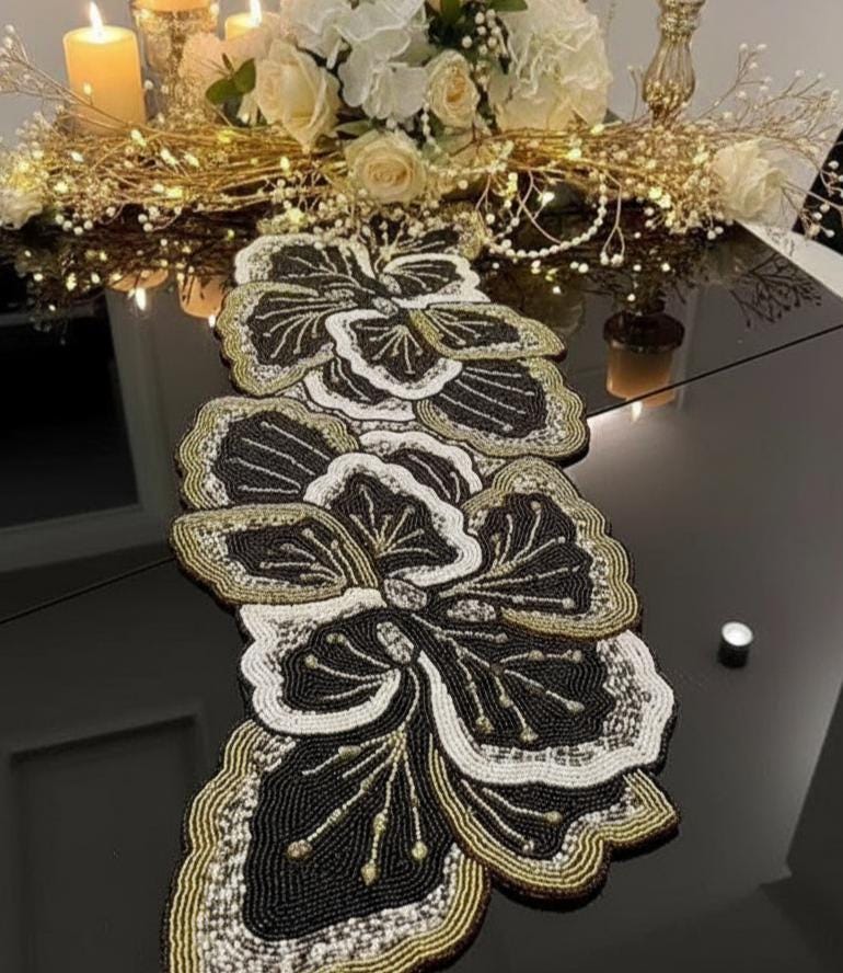 Handmade Beaded Table Runner, Elegant Dining Decor (13x36 Inches