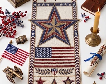 Handmade Beaded Star Table Runner, Patriotic USA Decor (13x36 Inch)