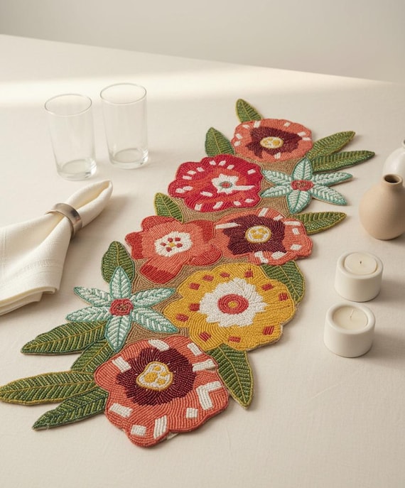 Handmade Beaded Floral Table Runner, Colorful Dining Decor (13x36