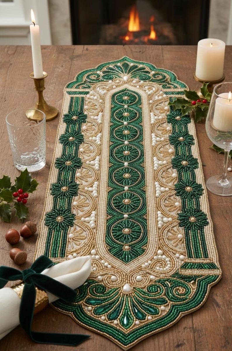 Handmade Beaded Table Runner | Emerald Green & Gold, Pearl Accents - Etsy