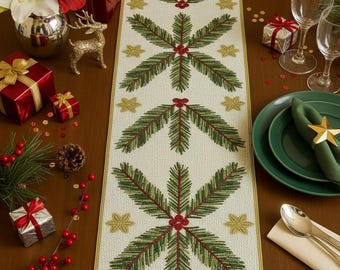 Camino de mesa navideño hecho a mano con hojas de pino bordadas, decoración navideña (33 x 91 cm)