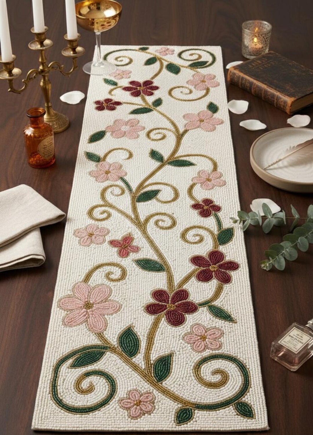 Handmade Beaded Table Runner | Floral Vine Design, Elegant Home Decor ...