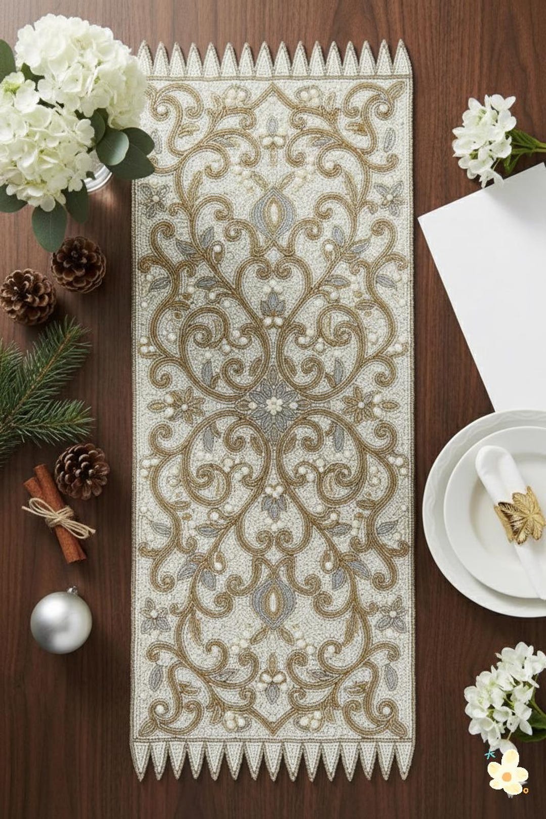 Handmade Beaded Table Runner – Floral Scroll Ivory Linen, Gold Silver ...
